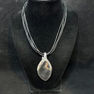 Vintage Chicos 5 Strand Corded Necklace W/Heavy Silver Tone Leaf Pendant (3693)